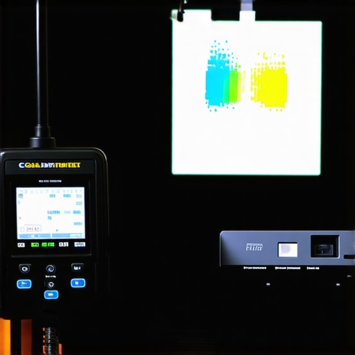 A person calibrating a projector using a X-Rite colorimeter and calibration software in a dedicated home theater room.