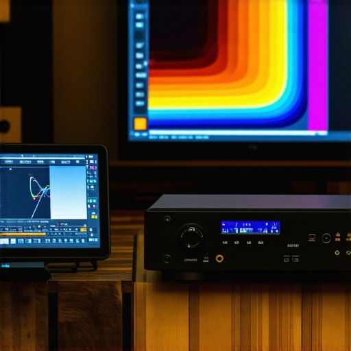 Close-up of a colorimeter device calibrating a projector in a home theater setting.
