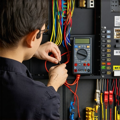 Technician inspecting and cleaning home cinema equipment with specialized tools