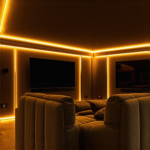 A modern home theater with LED strip lights installed along the floor edges, creating a warm and even ambient glow.