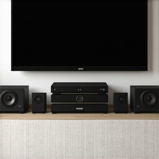 A sophisticated home theater setup with high-end projector, specialized screen, and surround speakers