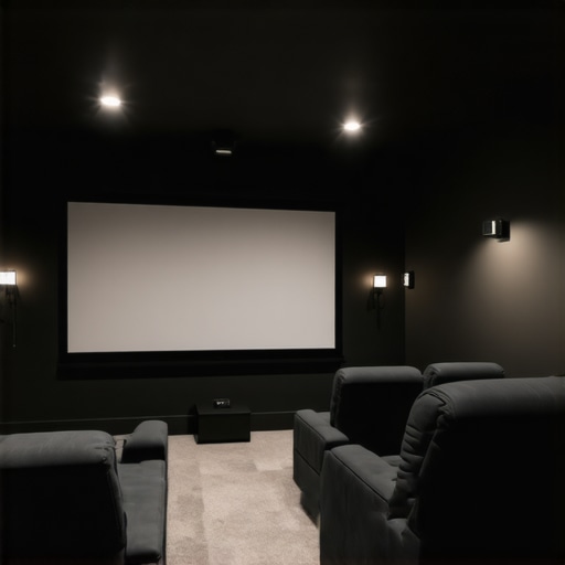 A home theater room showcasing a matte projection screen, controllable lighting, and comfortable recliners.