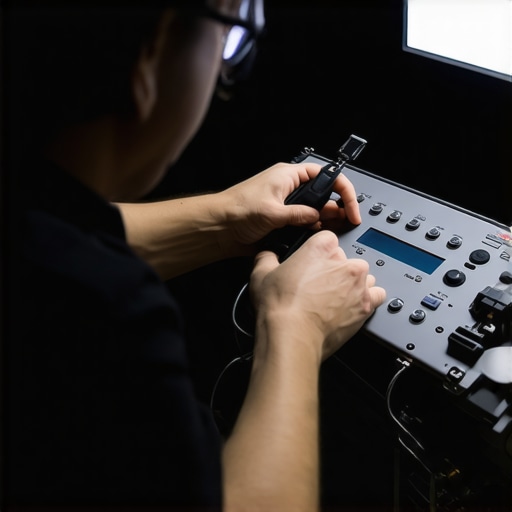Technician adjusting a projector using calibration tools in a dedicated media room.
