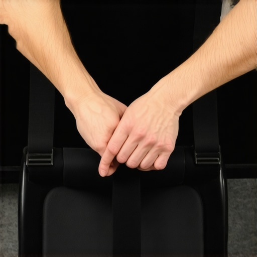 Person tightening support strap in theater chair for better lumbar comfort.