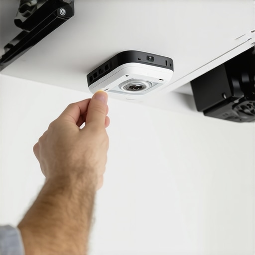 Person using tools to mount and adjust a projector on a sloped ceiling.