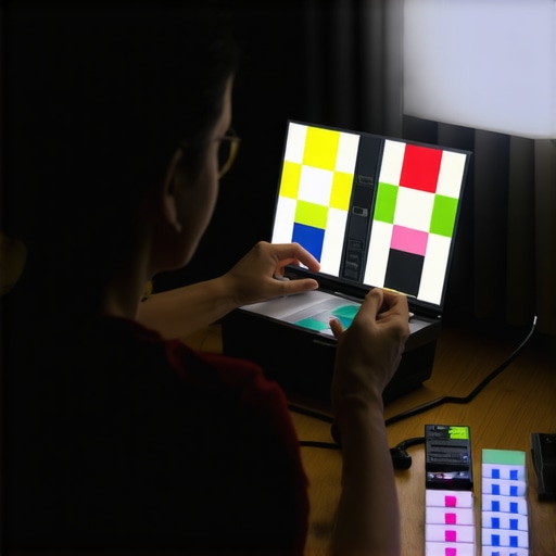 Individual fine-tuning a home projector using test patterns in a cozy living room.