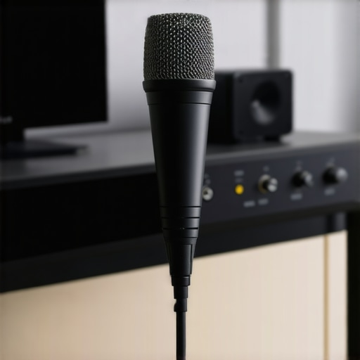 Close-up of a calibration microphone connected to an AV receiver, with a home theater setup in the background.
