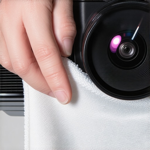 A hand carefully cleaning a projector lens with a microfiber cloth to maintain image clarity.