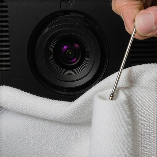 Person carefully cleaning and adjusting the projector's lens shift mechanism with a screwdriver and microfiber cloth