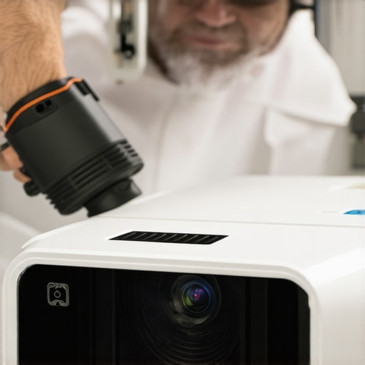 A technician using compressed air to clean dust from a projector's internal vents.