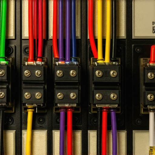 Electrical panel with dedicated circuits and grounding wires for home theater stability.