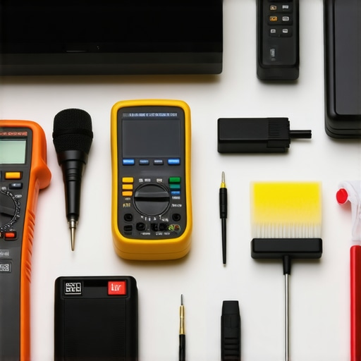 A selection of professional tools like multimeter, calibration microphone, and thermal camera laid out for equipment checks