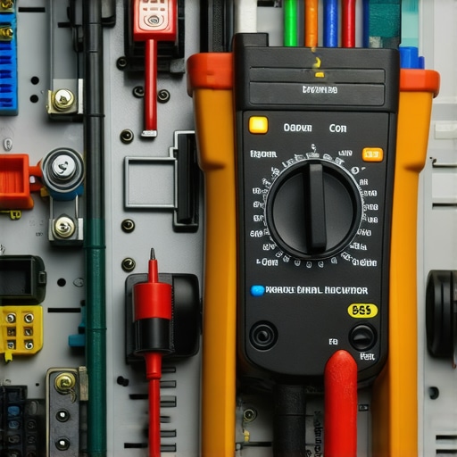 Multimeter measuring electrical wiring in home theater setup