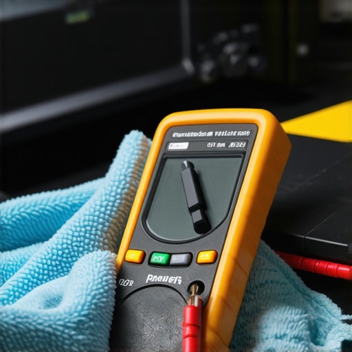 Person testing and cleaning home theater equipment with multimeter and microfiber cloth