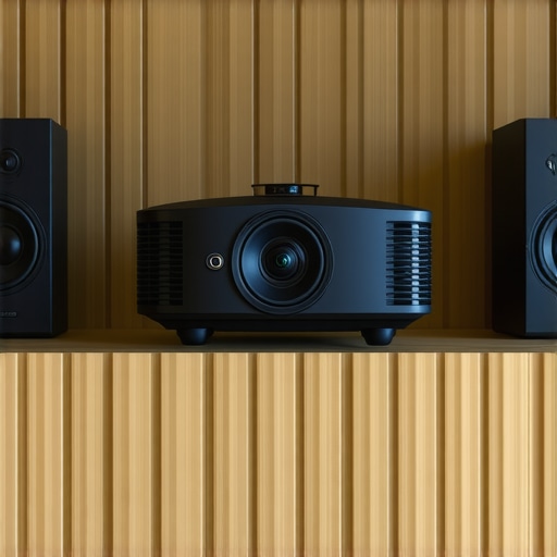 A technician fine-tuning a projector and surround speakers in a home theater room