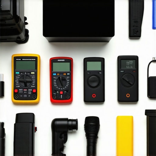 A neatly organized setup of home theater maintenance tools, including thermal camera and multimeter, ready for inspection and calibration.