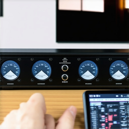 Technician calibrating home theater equipment with professional tools and software.