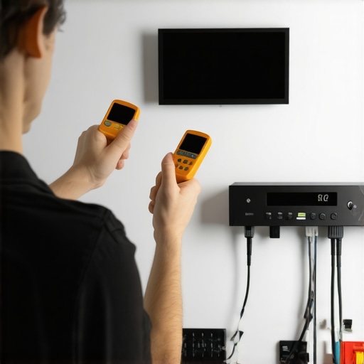 A technician using an infrared thermometer to monitor a home theater AV component, surrounded by organized cables and equipment