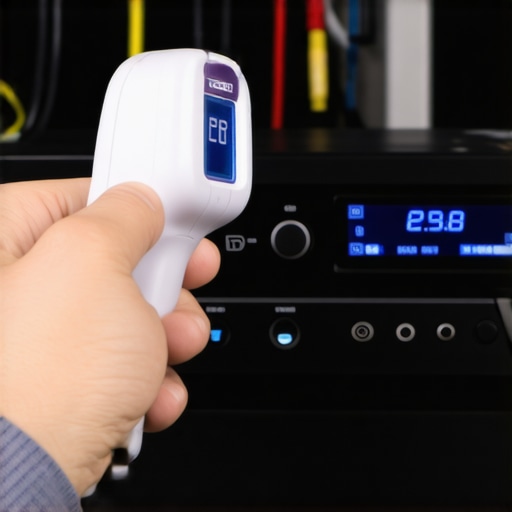 Person checking AV receiver temperature with infrared thermometer in a home theater setting.