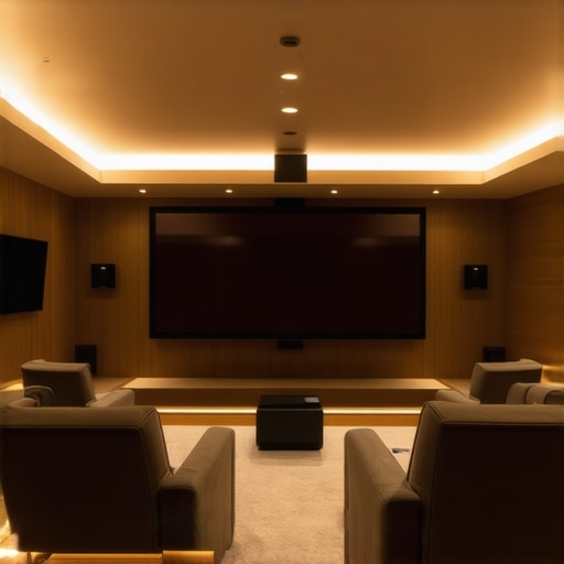 A well-designed home theater with high-end projector, sound system, and seating arrangement.