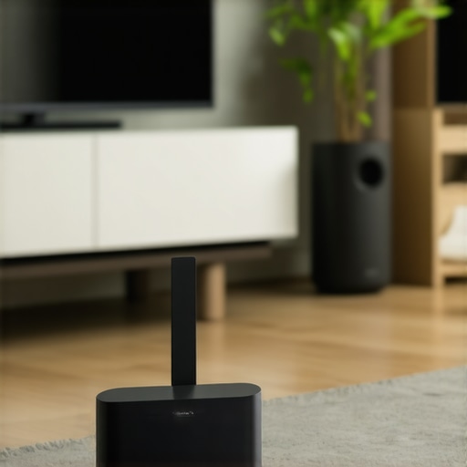 Wi-Fi router positioned in the center of a living room with a soundbar, demonstrating optimal placement for connectivity