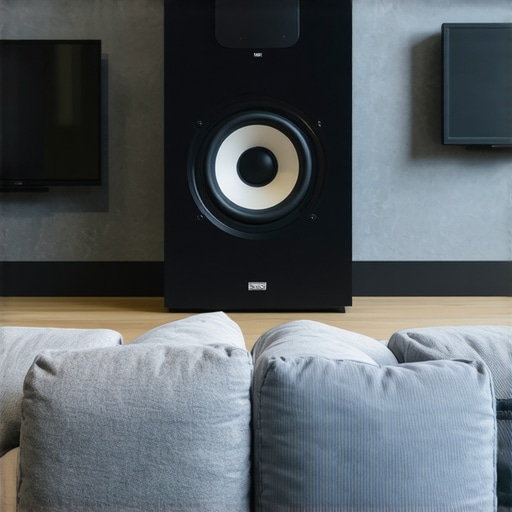 A subwoofer strategically placed near a wall in a cozy home theater room with acoustic treatments.