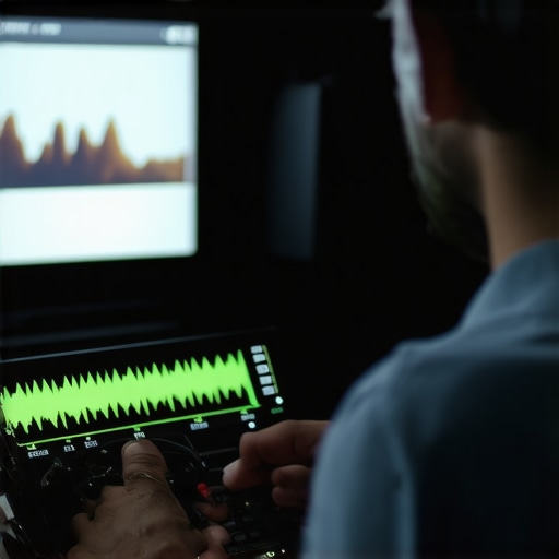 Technician calibrating audio equipment with spectrum analyzer