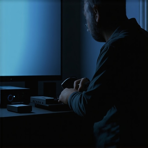 Technician using calibration tools to optimize a home projector setup.