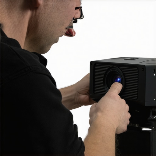 A person using a colorimeter to calibrate a home projector for optimal image quality