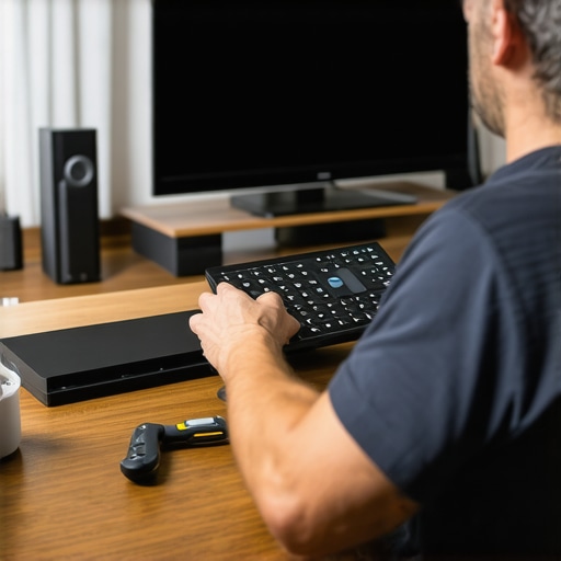 Technician using calibration tools and software to optimize home theater audio and video quality.