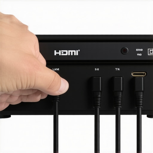 Person unplugging an AV receiver to perform a reset with visible HDMI cables