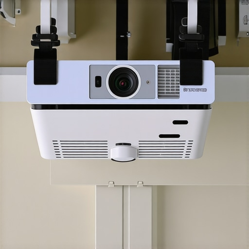 A ceiling-mounted projector secured with vibration dampening straps and rubber pads for stability