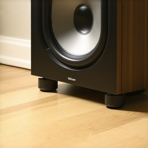 A subwoofer positioned on a floor with rubber pads to prevent sliding during a home theater setup