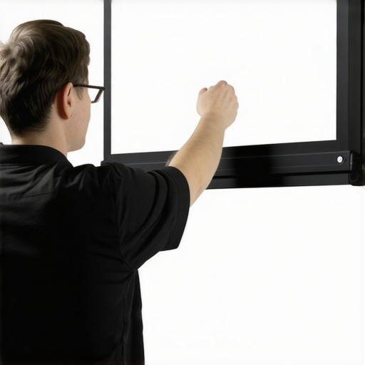 Person using screwdriver to tighten tension screws on a motorized projection screen.