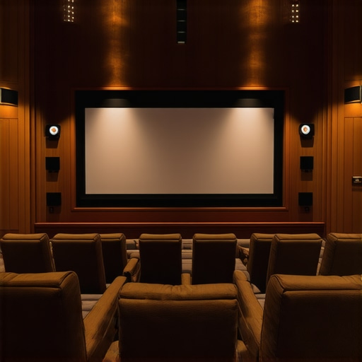Modern home theater with large projection screen and surround sound speakers