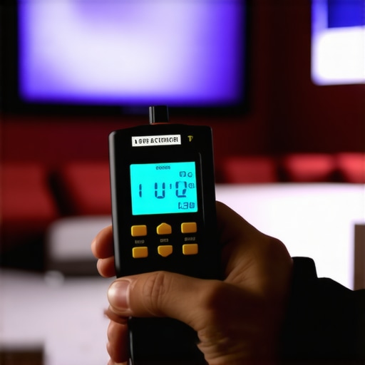 Technician measuring sound levels with a professional meter in a home theater