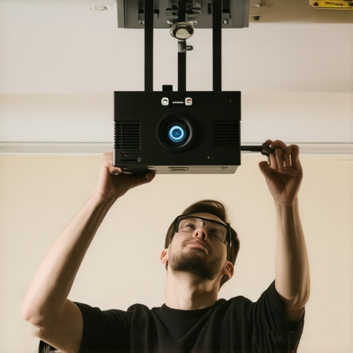 Technician fine-tuning a projector mount using a laser level to achieve perfect horizontal alignment.