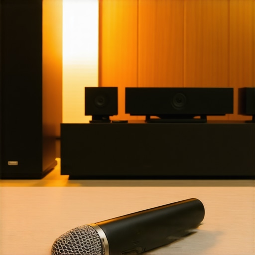A home theater setup showing calibrated speakers with a microphone for sound calibration
