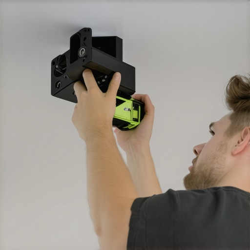 Person leveling a projector mount on ceiling for accurate image alignment.