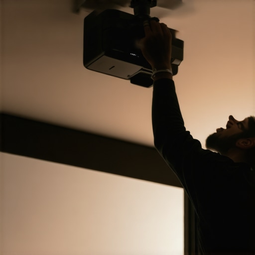 Person using a level tool to adjust a ceiling-mounted projector in a home theater.