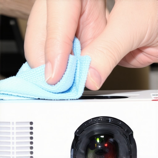 Technician carefully cleaning a projector lens with a microfiber cloth to remove dust.