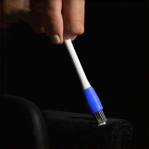 Technician cleaning a USB port on a home theater seat with compressed air and a toothbrush