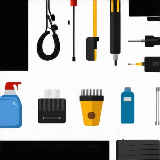A toolkit with cleaning cloth, lens cleaner, HDMI tester, and cables for home theater upkeep