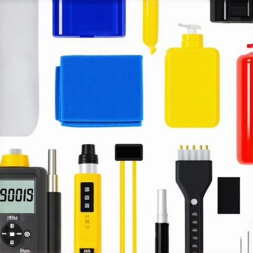 Various maintenance tools arranged for home theater cleaning and calibration.