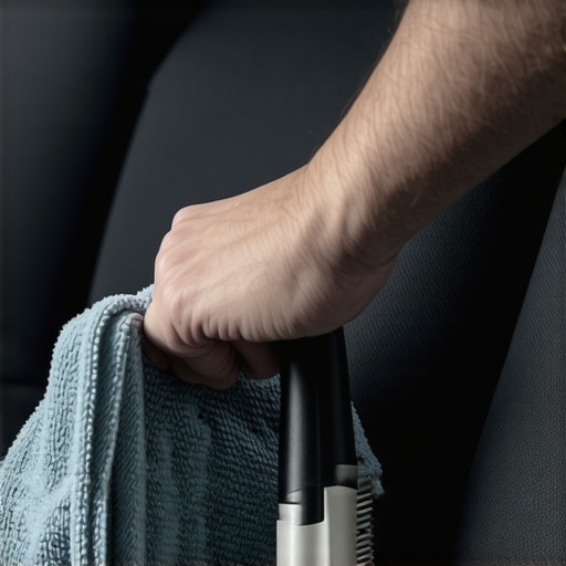 Person softly cleaning fabric theater seats with microfiber cloth and brush, avoiding water spots.