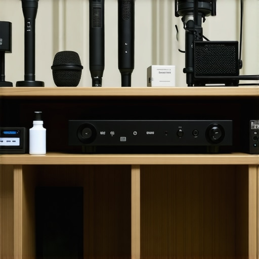 Calibration microphones, laser distance meter, and cleaning wipes on a home theater shelf