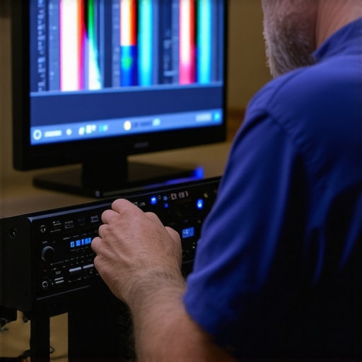 A technician using calibration equipment for home theater optimization.