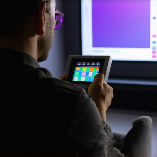 Technician using calibration tools in a home cinema setup.