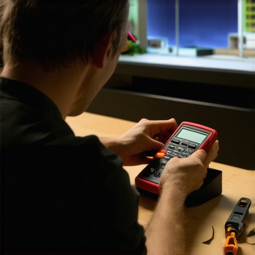 Technician using multimeter and calibration software in a modern home theater setup