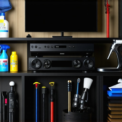 A neatly organized home theater rack with calibration and cleaning tools on a wooden shelf.